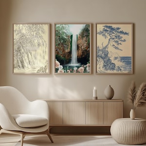 3er Set Japanischer Wasserfall Wand Kunst Druck, Gelassene Natur Dekor, Asiatisches Poster, Zen Haus, Beruhigender Wasserfall Malerei Geschenk für Naturliebhaber