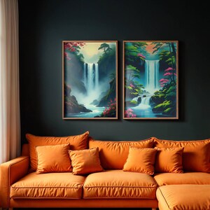 Juego de 2 impresiones artísticas de cascada japonesa, decoración de pared con un sereno paisaje asiático, póster minimalista de naturaleza para el hogar, la oficina, pintura estilo jardín zen.