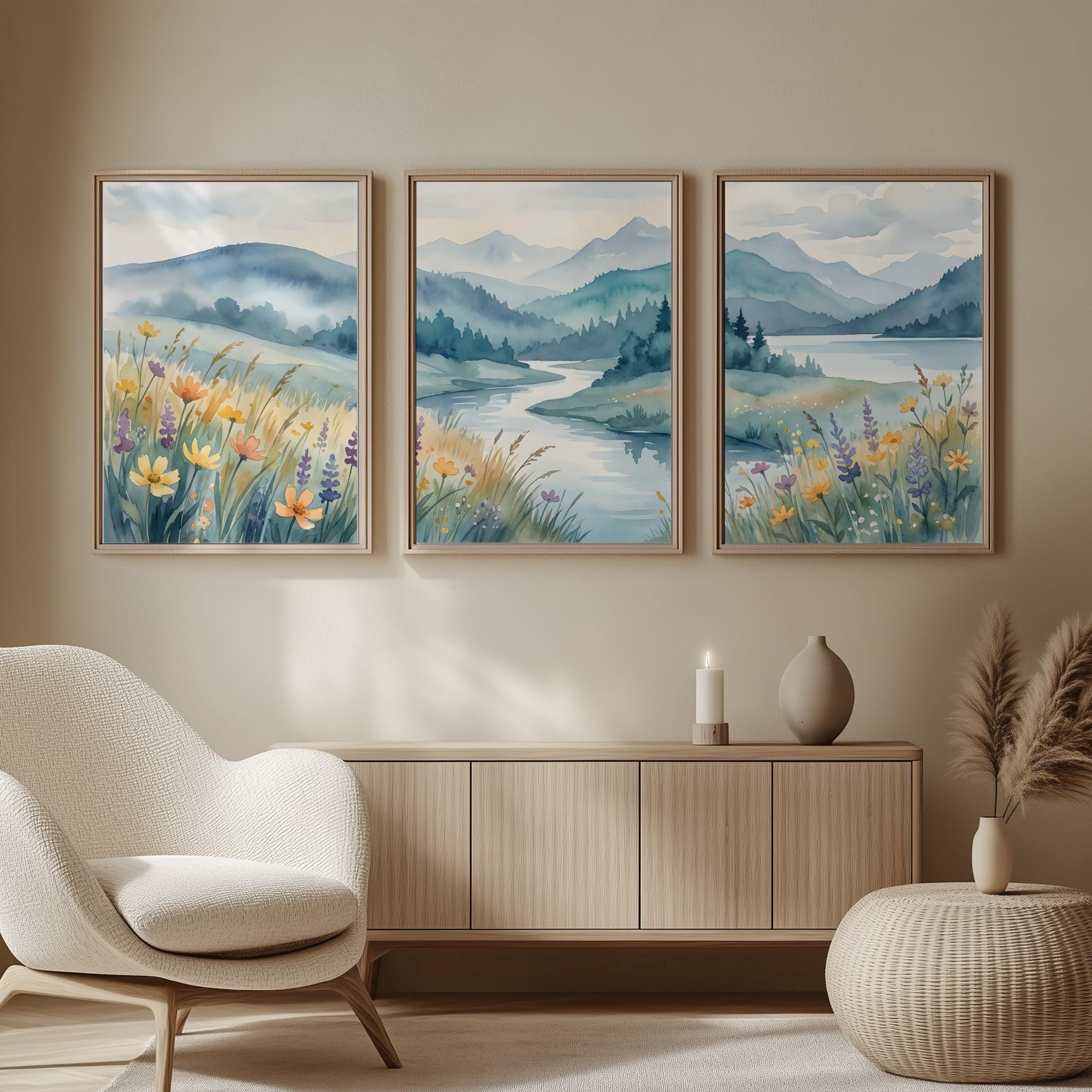Mountain Landscape Triptych Art Print Set of 3 , Rustic Meadow Decor ...