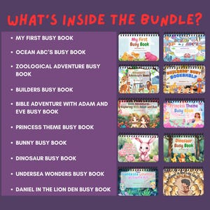 K&ouml;nnte beinhalten: Eine Sammlung von 10 bunten Besch&auml;ftigungsb&uuml;chern f&uuml;r Kinder. Die B&uuml;cher behandeln verschiedene Themen, darunter Tiere, Bauen, Prinzessinnen und Dinosaurier. Jedes Buch hat ein einzigartiges Cover-Design und tr&auml;gt den Titel "Busy Book" auf der Vorderseite.