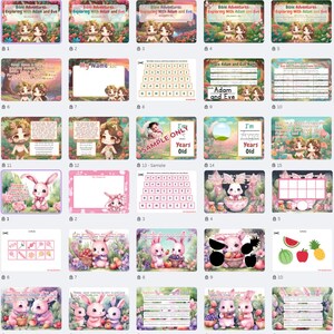 K&ouml;nnte beinhalten: Ein Satz druckbarer Arbeitsbl&auml;tter mit Illustrationen von Adam und Eva in einer Gartenlandschaft. Die Bl&auml;tter beinhalten Aktivit&auml;ten wie das Nachzeichnen von Namen, Wortsuchen und Malvorlagen. Die Bl&auml;tter sind f&uuml;r Kinder konzipiert und eignen sich perfekt f&uuml;r den Sonntagsunterricht oder den Homeschooling.