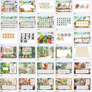 K&ouml;nnte beinhalten: Ein Satz von 15 druckbaren Aktivit&auml;tsseiten zum Thema Dinosaurier f&uuml;r Kinder. Die Seiten beinhalten eine Vielzahl von Aktivit&auml;ten wie Nachzeichnen, Z&auml;hlen, Zuordnen und R&auml;tsel. Die Seiten sind mit bunten Illustrationen von Dinosauriern und anderen Dschungeltieren verziert.