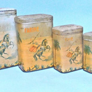 Antique French Kitchen Canisters: Lawrence of Arabia Litho Tin Boxes