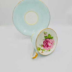 Vintage Teacup and saucer  Aynsley Large Pink Cabbage Rose and Pale Blue, Corset Shape Bone China, Made in England