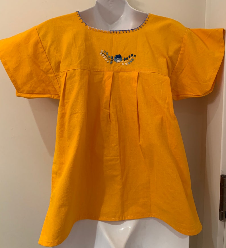 Vintage Yellow Peasant Blouse Oaxacan Mexican Embroidered Youth Dress