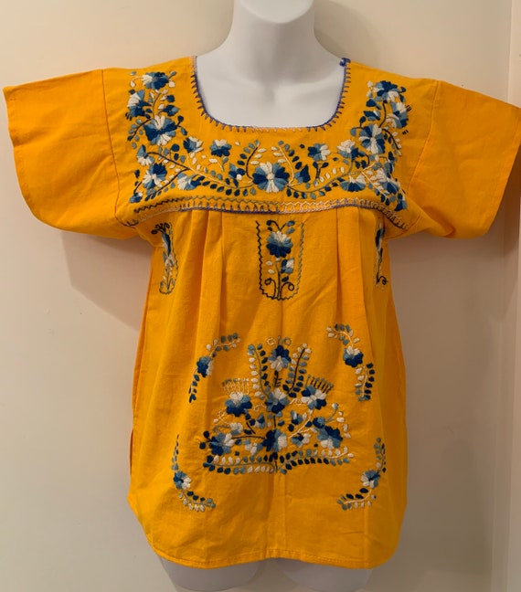 Vintage yellow peasant blouse Oaxacan Mexican emb… - image 1