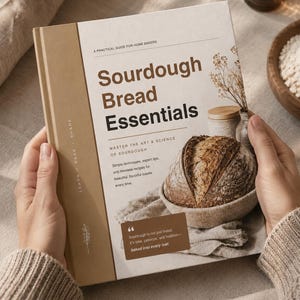 Może przedstawiać: Otwarta książka kucharska zatytułowana "Sourdough Bread Essentials" prezentuje bochenek chleba. Okładka zawiera tekst i zdjęcie chleba w misce. Tytuł książki jest dużymi, pogrubionymi literami. To praktyczny przewodnik dla domowych piekarzy.