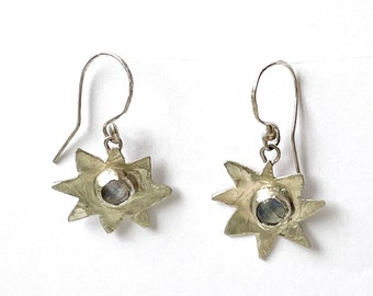 Sterling Silver Star Dangle Earrings with Moonstone Centres 925 Recycled Silver