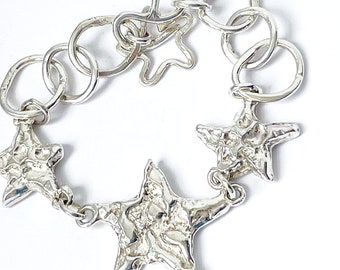 Silver Star Bracelet With Large Links ,  925 Sterling Silver , Lucky Star Bracelet, Celestial Jewellery