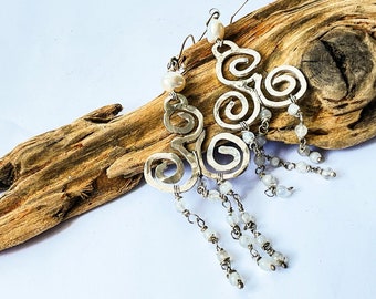 Silver Moonstone & Pearl Celtic Knot Earrings, 925 Sterling Silver, Long Earrings, Chandelier Earrings - HALLMARKED