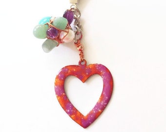 Enamelled  Vintage  Heart Keyring  Pendant/Charm Copper with Gemstone Cluster, Vintage Keyring, Gifts Under Fifteen  Pounds