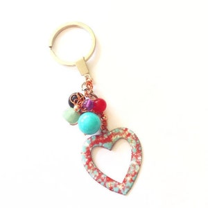 Emaillierte Vintage Herz Schlüsselring Kupfer Anhänger/Charm mit Edelstein Cluster