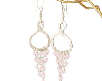 Silver Rose Quartz Chandelier Earrings, 925 Sterling Silver, Rose Quartz Beaded Earrings, Pink Boho Earrings  - HALLMARKED