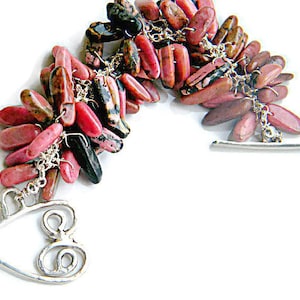 Rhodonite Cluster Bracelet With  Heart Toggle Clasp, 925 Sterling Silver - HALLMARKED