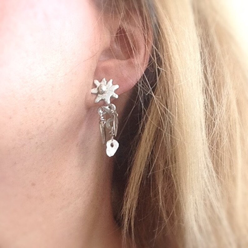 Silver Flower & Leaves Ear Jackets Cuffs, 925 Sterling Silver, 2-in-1 Convertible Earrings, Silver Ear Jackets image 1