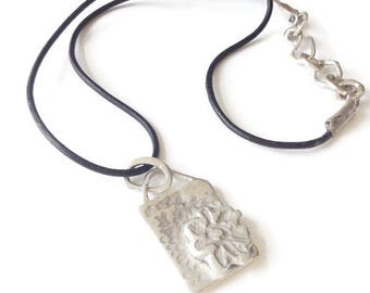 Chunky Pendant Hammered Silver  On Leather Necklace, 925 Sterling Silver, Edgy Necklace , Floral Pendant - HALLMARKED