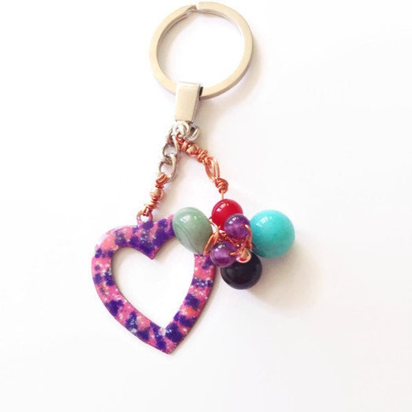 Enamelled Vintage Heart Keyring Copper Pendant/Charm Keyring with Gemstone Cluster