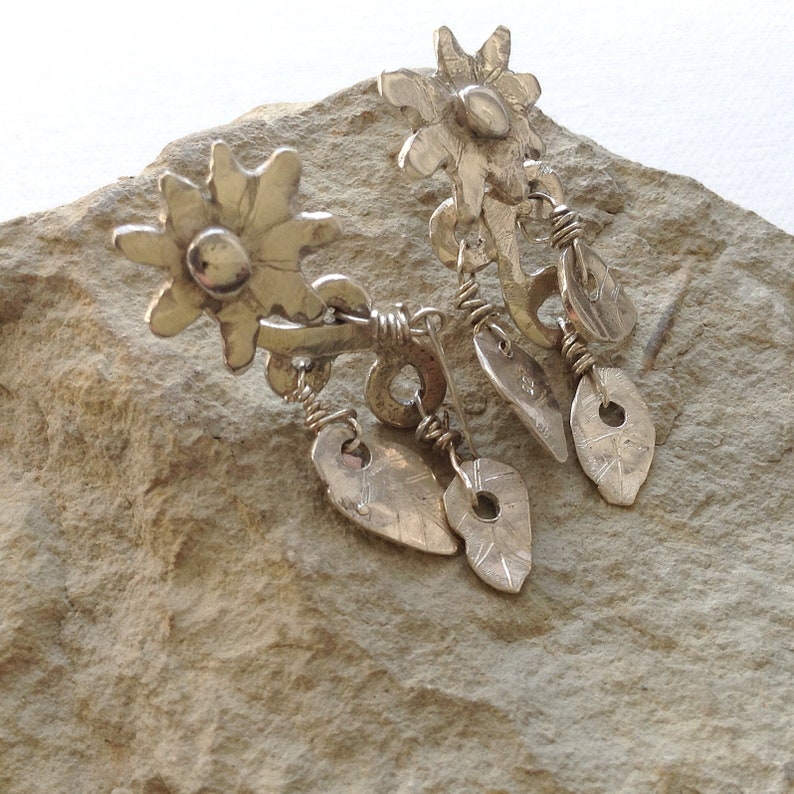 Silver Flower & Leaves Ear Jackets Cuffs, 925 Sterling Silver, 2-in-1 Convertible Earrings, Silver Ear Jackets image 9