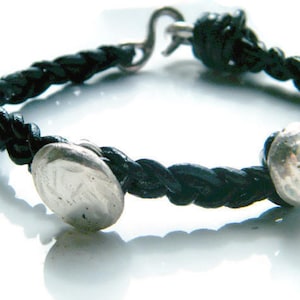 Mens/Unisex Braided Leather Bracelet With Silver Pebbles, 925 Sterling Silver, Mens Silver Bracelet, Mens Boho Bracelet