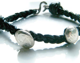 Mens/Unisex Braided Leather Bracelet With Silver Pebbles, 925 Sterling Silver, Mens Silver Bracelet, Mens Boho Bracelet