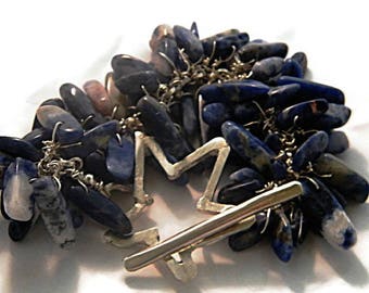Sodalite  Cluster Bracelet w. Star Toggle Clasp, 925 Sterling Silver Chunky Gemstone Bracelet