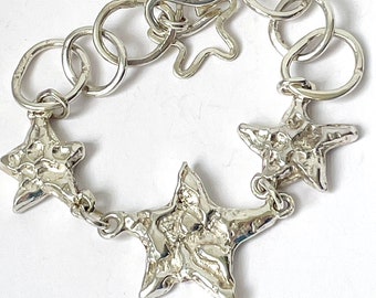 Silver Star Bracelet With Large Links , 925 Sterling Silver