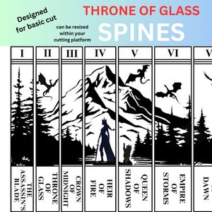 May include: Black and white silhouette images of book spines for the Throne of Glass series by Sarah J. Maas. The spines feature a mountain, a dragon, a castle, and other imagery from the books. The text on the spines reads "Throne of Glass", "Assassin's Blade", "Throne of Glass", "Crown of Midnight", "Heir of Fire", "Queen of Shadows", "Empire of Storms", "Tower of Dawn", and "Kingdom of Ash".