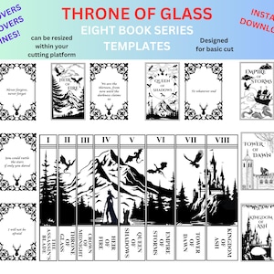 Könnte beinhalten: Schwarz-weiße druckbare Buchcover-Vorlagen für die Throne of Glass-Reihe von Sarah J. Maas. Die Vorlagen beinhalten die Titel "Krone der Mitternacht", "Erbin des Feuers", "Königin der Schatten", "Imperium der Stürme", "Turm der Morgendämmerung", "Königreich der Asche", "Die Klinge des Assassinen" und "Thron aus Glas".