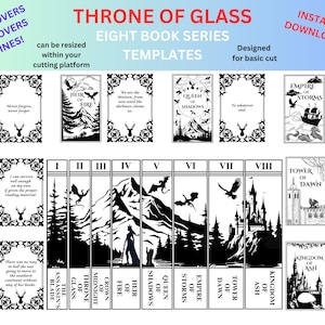 以下が含まれることがあります： 「王冠のガラス」シリーズの8冊の書籍カバー用の白黒の印刷可能なテンプレートです。カバーには、王冠、城、ドラゴン、山脈など、さまざまなデザインが施されています。カバーのテキストには、「王冠のガラス」、「真夜中の王冠」、「炎の継承者」、「影の女王」、「嵐の帝国」、「夜明けの塔」、「灰の王国」という本のタイトルが含まれています。