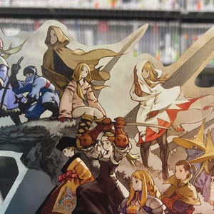 May include: A colorful illustration featuring multiple characters in fantasy attire. The artwork showcases figures in various poses, with swords and other weapons. The color palette includes shades of blue, brown, and white, creating a dynamic and engaging composition. The image is likely from a video game.