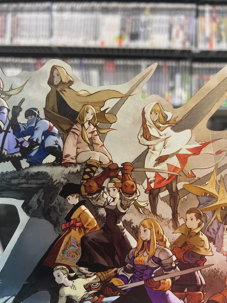May include: A colorful illustration featuring multiple characters in fantasy attire. The artwork showcases figures in various poses, with swords and other weapons. The color palette includes shades of blue, brown, and white, creating a dynamic and engaging composition. The image is likely from a video game.