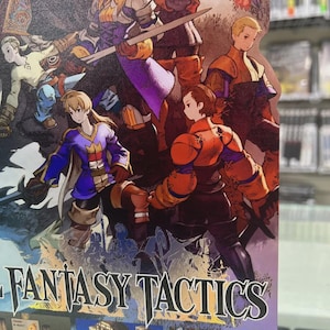 May include: A colorful illustration from the game "Final Fantasy Tactics" featuring several characters in fantasy attire. The characters are depicted with swords and armor, with a mix of purple, orange, and blue hues. The game's title is prominently displayed.