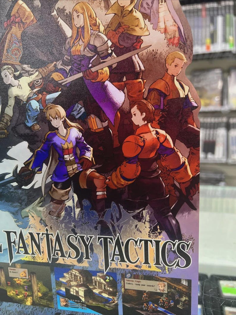 May include: A colorful illustration from the game "Final Fantasy Tactics" featuring several characters in fantasy attire. The characters are depicted with swords and armor, with a mix of purple, orange, and blue hues. The game's title is prominently displayed.