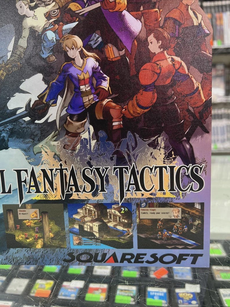 May include: A colorful illustration from the video game Final Fantasy Tactics. The artwork features several characters in fantasy attire, with the game's title prominently displayed. The SquareSoft logo is at the bottom, with screenshots of the game.