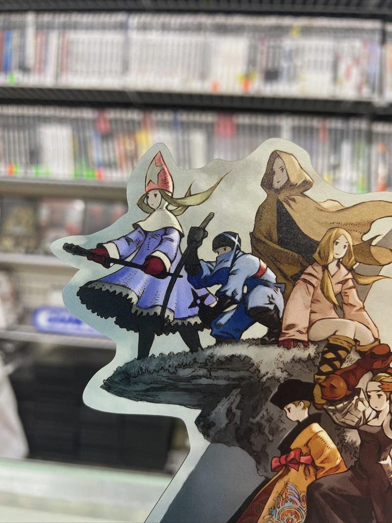 May include: A colorful illustration featuring several characters in fantasy attire. The characters are depicted in various poses, with one holding a weapon. The artwork has a detailed, cartoonish style, with a blurred background of shelves.
