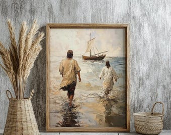 Jesus and Peter Walk on Water DIGITAL DOWNLOAD, Bible Art, Modern Bible Verse Wall Art, Jesus print, Home decor, Boho Scripture Home Decor