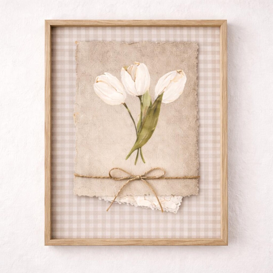 White Tulips Vintage Floral Art Print – Neutral Brown Gingham ...
