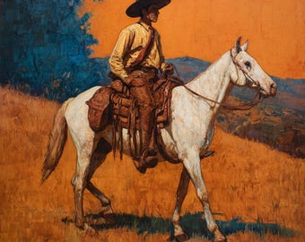 Western Cowboy Oil Painting on Canvas, Horseback Rider Art, Ranch Decor Wall Art