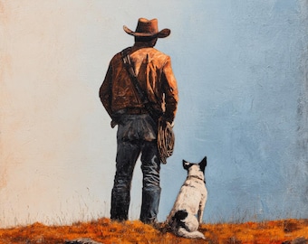 Kowboj i pies – obraz olejny: sztuka południowo-zachodnia na płótnie