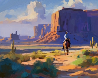 Cowboy Desert Landscape Oil Painting | Western Wall Art