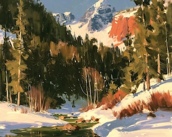 Winter Mountain Landscape Oil Painting, Snowy Alpine Wall Art, - 48x36 inches