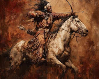 Origineel olieverfschilderij van krijger te paard • Westerse kunst • 40 x 40 inch