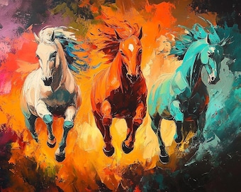 May include: An oil painting featuring three horses running forward. The left horse is white, the center horse is orange, and the right horse is teal. The background consists of abstract, thick brushstrokes in shades of orange, purple, and dark blue.