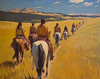 Native American Riders Oil Painting, Wild West Landscape Artwork,