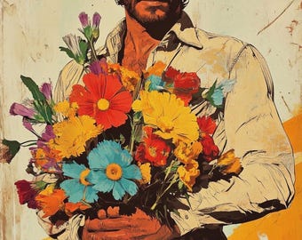 Cowboy mit Blumen Ölgemälde-120x33 Zoll | Romantische Western Wandkunst | Moderne Cowboy Dekor |