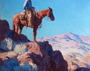 Cowboy on Horse Cliff Oil Painting, Western Landscape Wall Art, Mountain Desert Artwork, American West Canvas, 48x32 inches