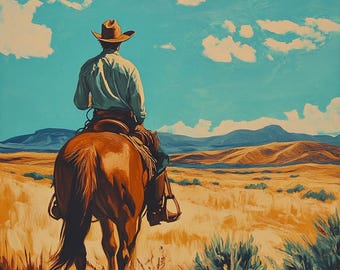 Cowboy Riding Horse Oil Painting on Canvas, Western Landscape Wall Art, Rustic Ranch Decor, American West Artwork, 30x30 inches