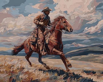 Western Cowboy Oil Painting on Canvas, Vintage Ranch Wall Art, Horse Rider Artwork