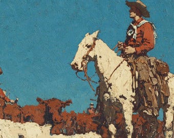 Western Cowboy Oil Painting on Canvas, Rancher on White Horse, Rustic Texas Wall Art