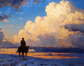 Cowboy at Sunset Painting – Western Landscape Oil Artwork